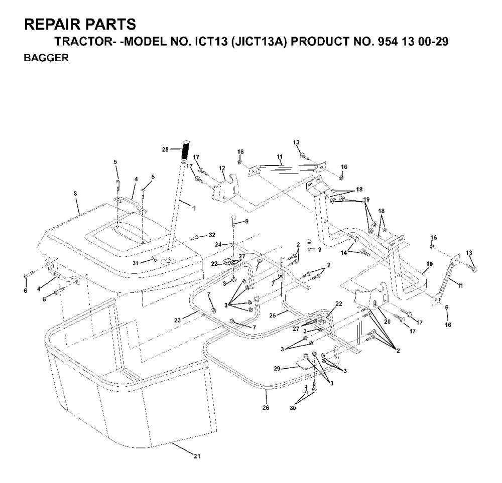 Bagger Diagram and Parts List for ICT13 (954130029)(1999-03) Jonsered Lawn Tractor
