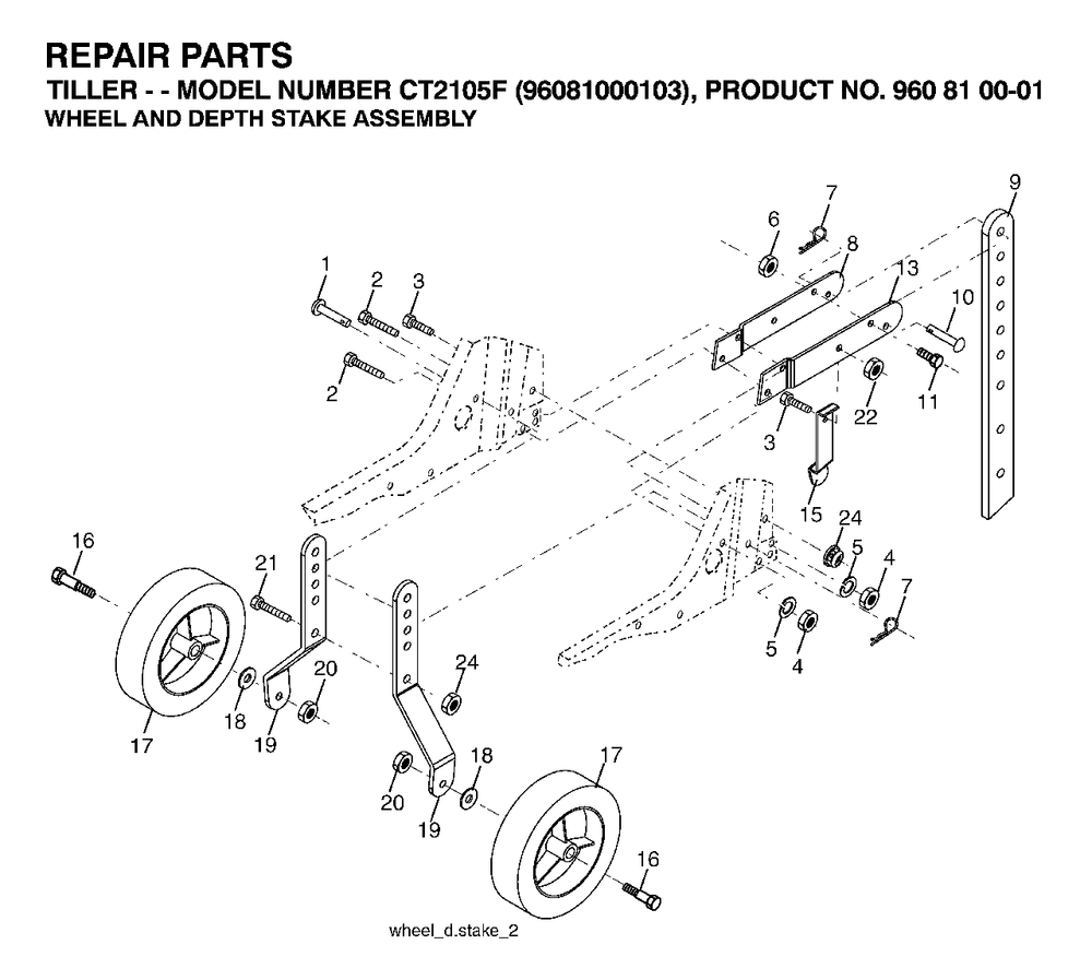 Wheel Depth Stake Assembly Diagram and Parts List for CT2105F (960810001-03)(2007-02) Jonsered Tiller