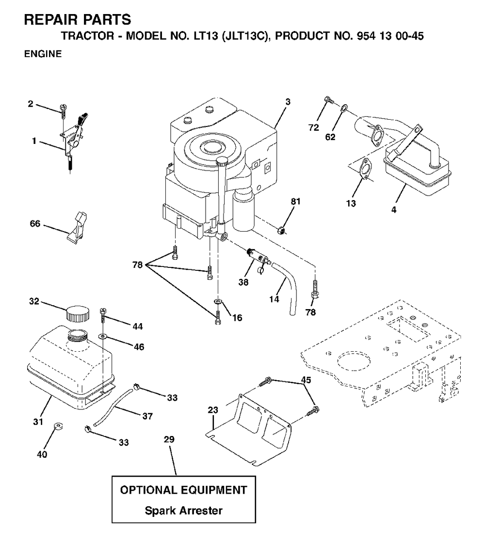 Engine Diagram and Parts List for LT13 (954130045)(2001-09) Jonsered Lawn Tractor
