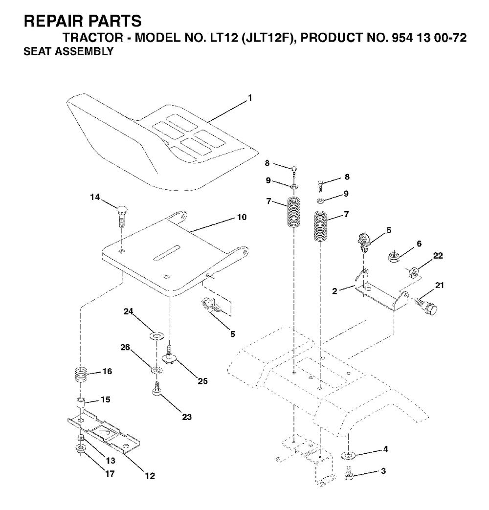 Seat Diagram and Parts List for LT12 (954130072)(2003-01) Jonsered Lawn Tractor
