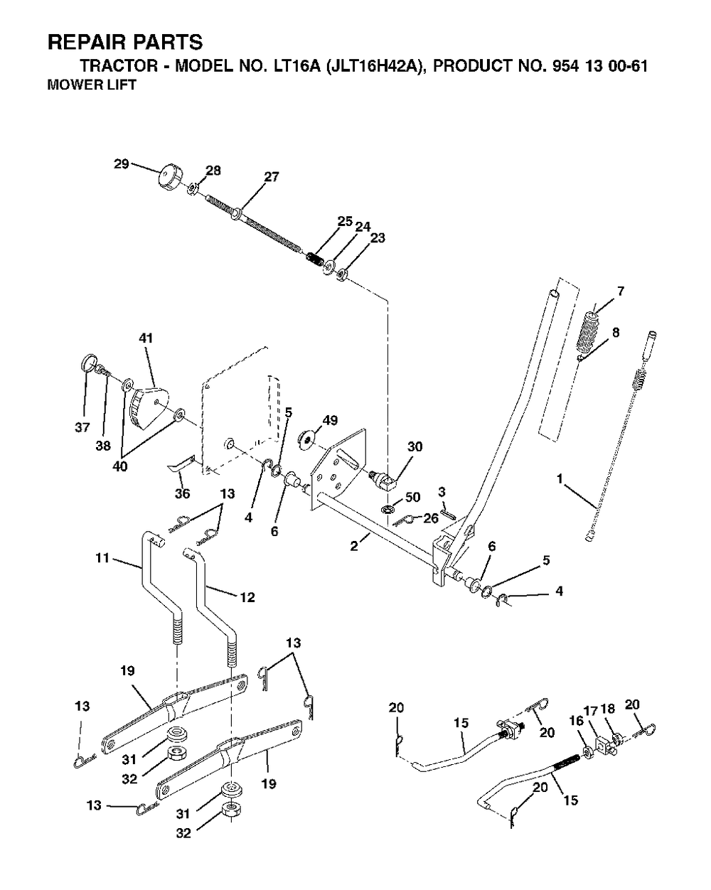 Mower Lift / Deck Lift Diagram and Parts List for LT16A (954130061)(2002-06) Jonsered Lawn Tractor