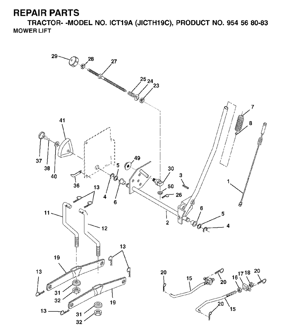Mower Lift / Deck Lift Diagram and Parts List for ICT19A (954568083)(2002-06) Jonsered Lawn Tractor