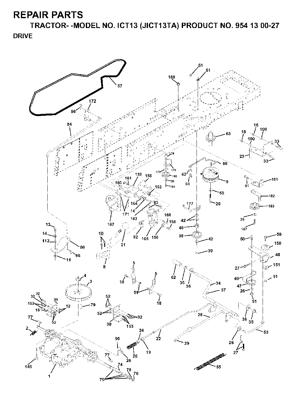Drive Diagram and Parts List for ICT13 (954130027)(1999-03) Jonsered Lawn Tractor