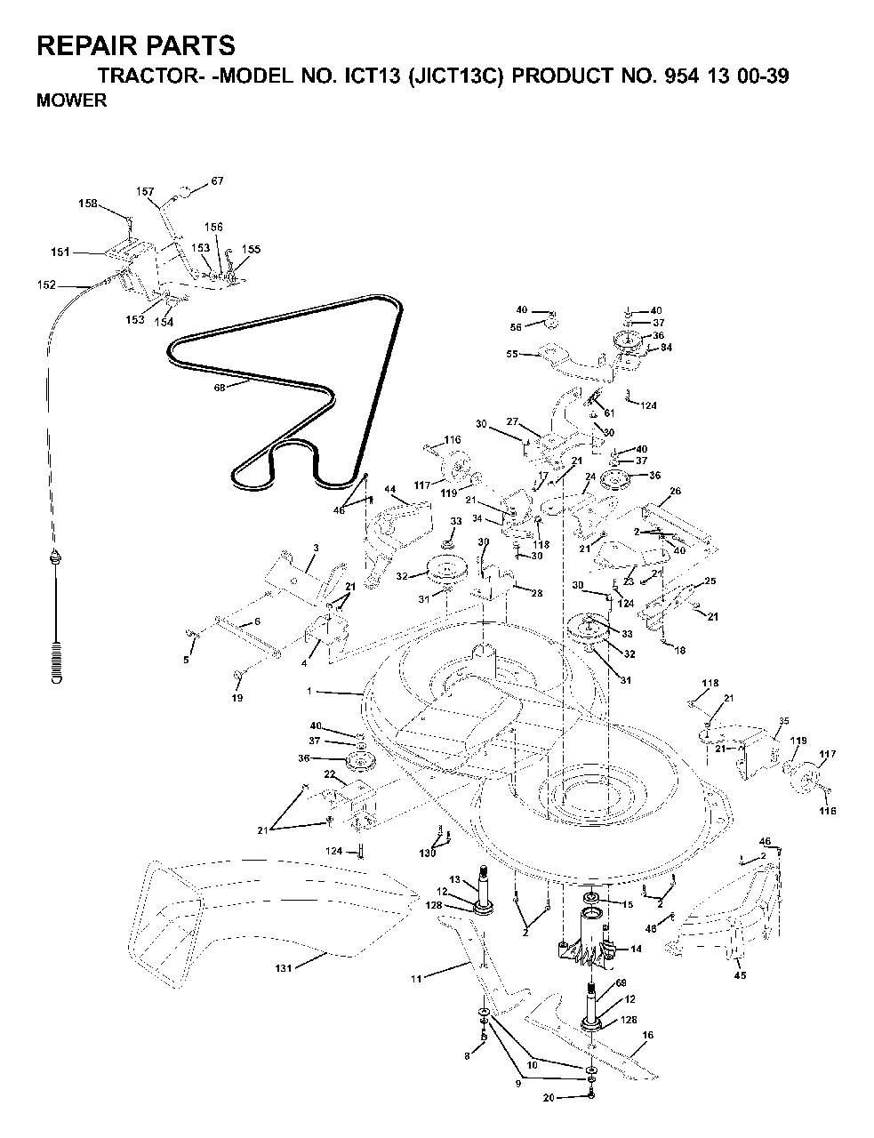 Mower Deck / Cutting Deck Diagram and Parts List for ICT13 (954130039)(2000-04) Jonsered Lawn Tractor