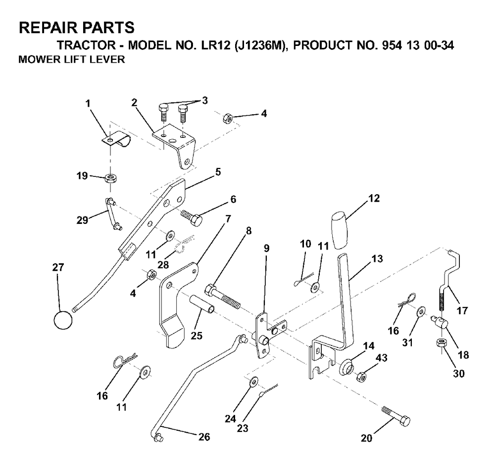 Mower Lift Lever Diagram and Parts List for LR12 (954130034)(2000-04) Jonsered Lawn Tractor