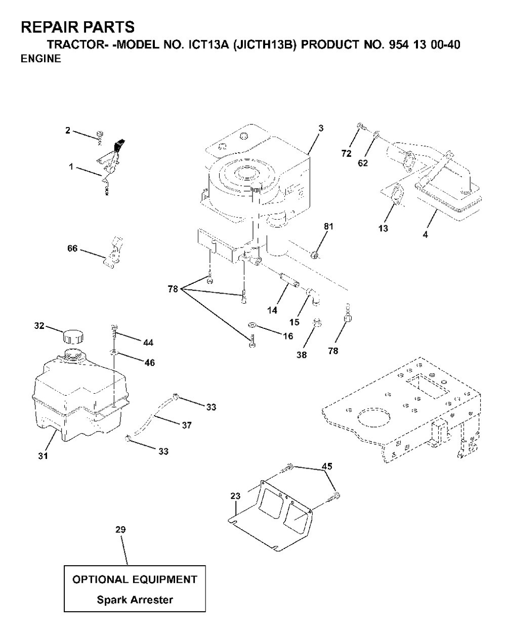 Engine Cutting Equipment Diagram and Parts List for ICT13A (954130040)(2000-04) Jonsered Lawn Tractor