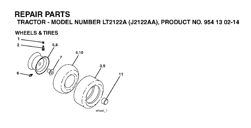 Wheels Tires Diagram and Parts List for LT2122A (954130214)(2004-01) Jonsered Lawn Tractor