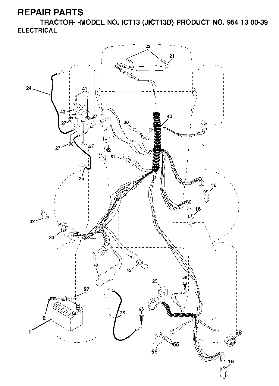 Electrical Diagram and Parts List for ICT13 (954130039)(2001-01) Jonsered Lawn Tractor