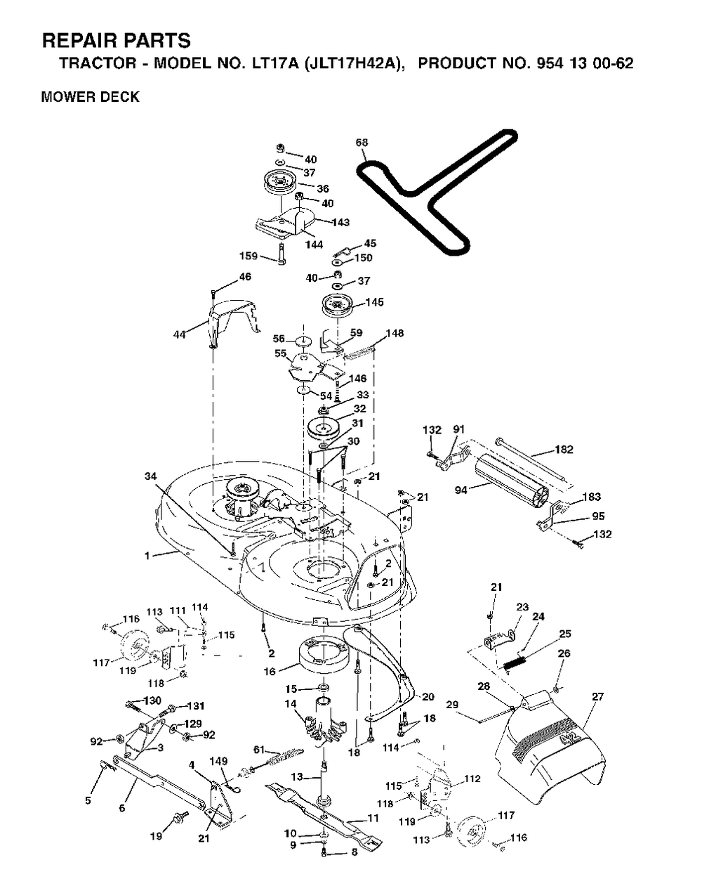 Mower Deck / Cutting Deck Diagram and Parts List for LT17A (954130062)(2002-06) Jonsered Lawn Tractor