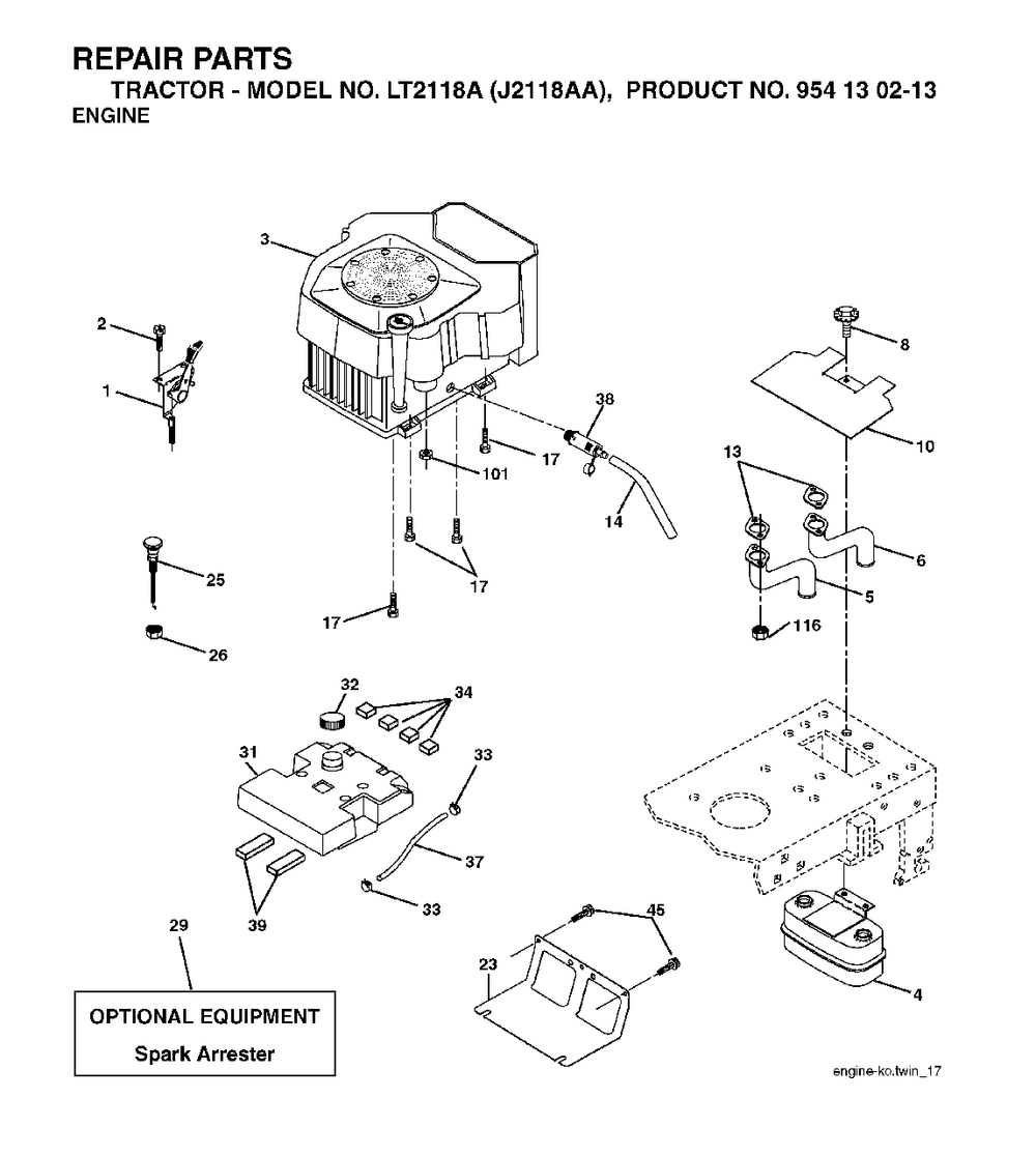 Engine Diagram and Parts List for LT2118A (954130213)(2004-01) Jonsered Lawn Tractor
