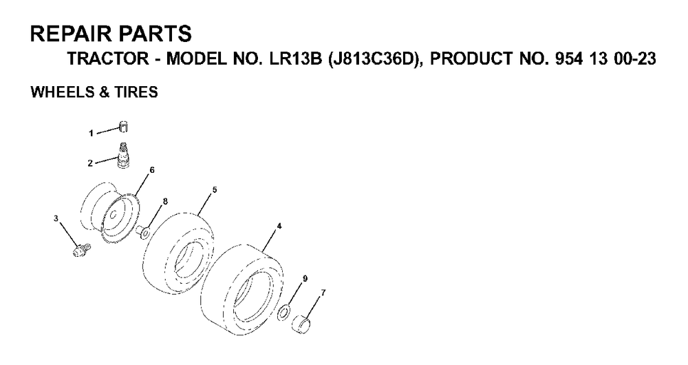 Wheels Tires Diagram and Parts List for LR13B (954130023)(2000-04) Jonsered Lawn Tractor