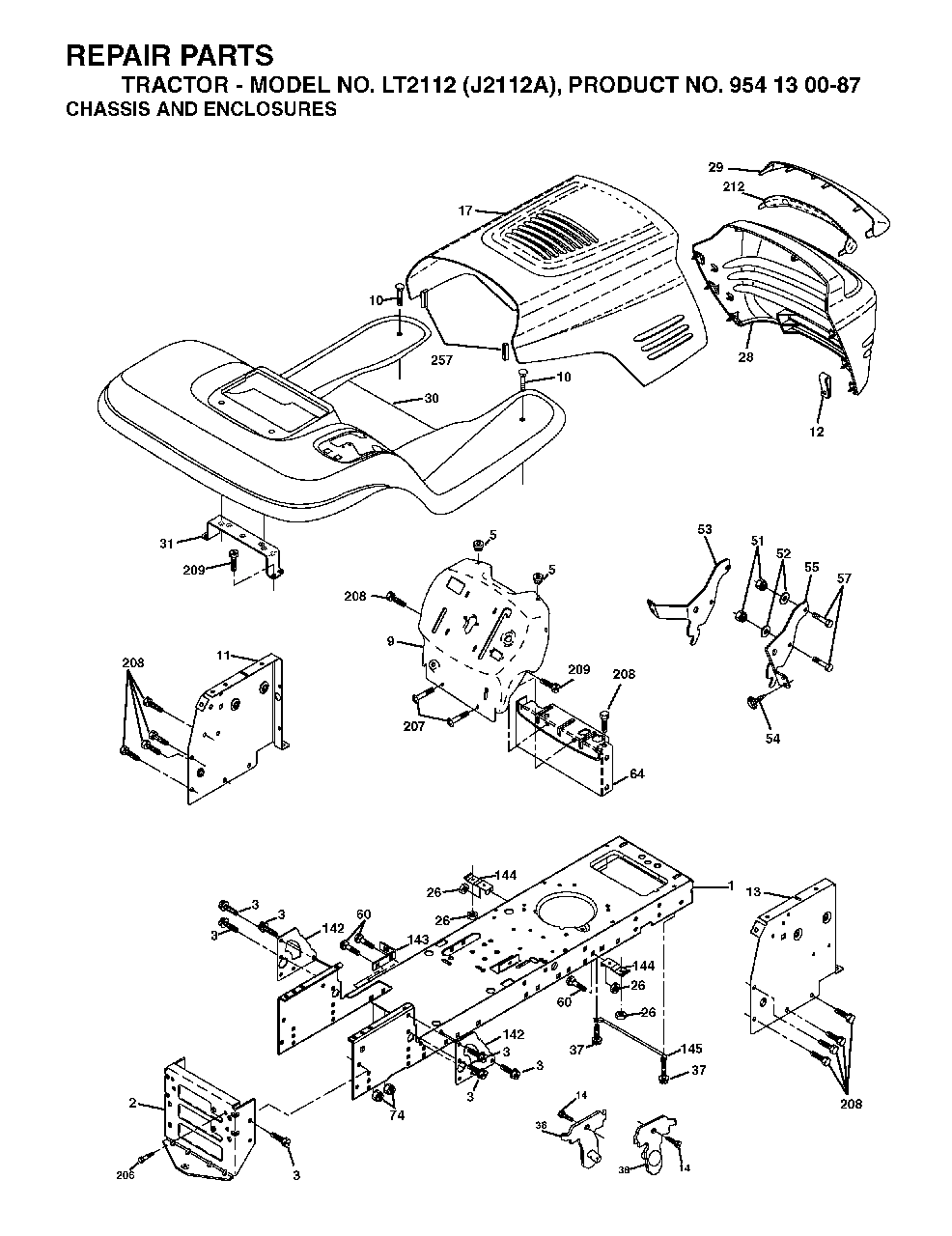 Chassis Enclosures Diagram and Parts List for LT2112 (954130087)(2003-01) Jonsered Lawn Tractor