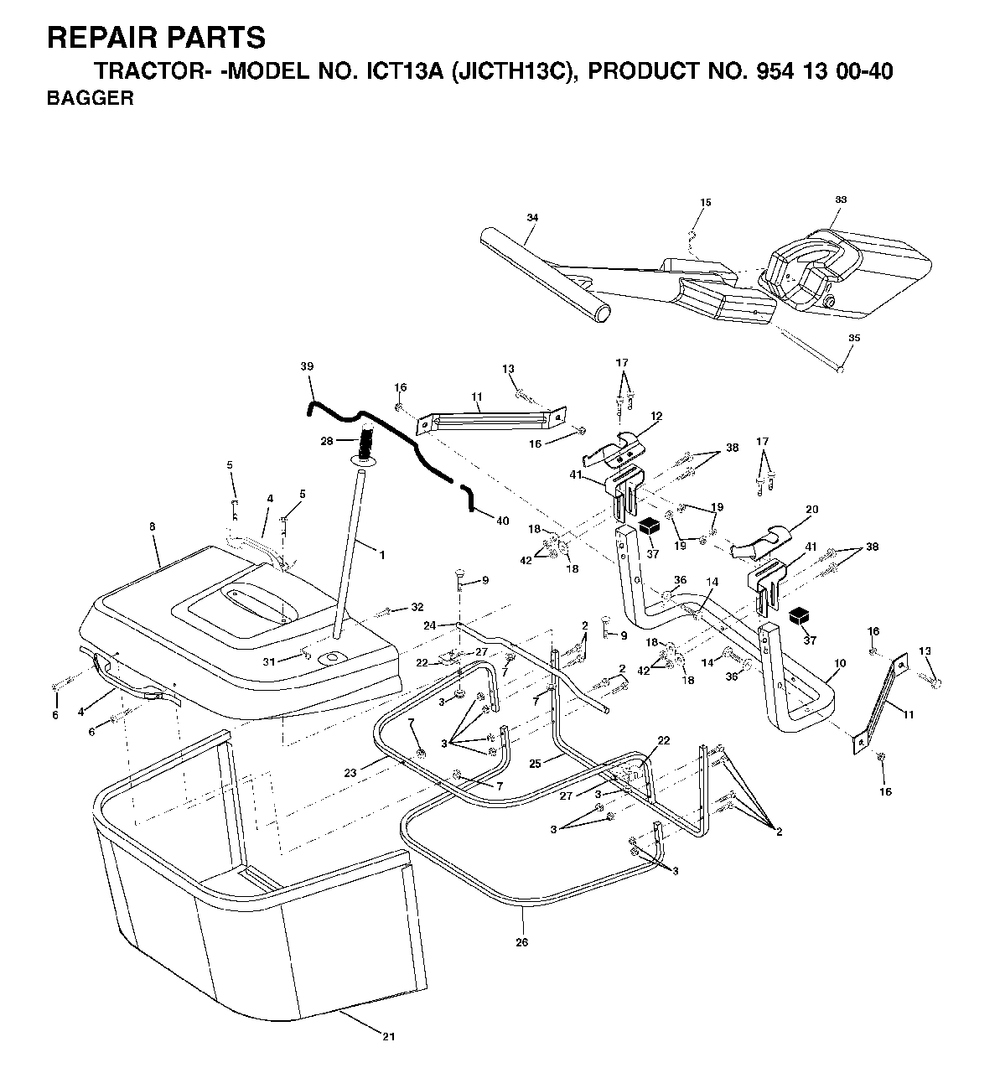 Bagger Diagram and Parts List for ICT13A (954130040-C)(2001-02) Jonsered Lawn Tractor