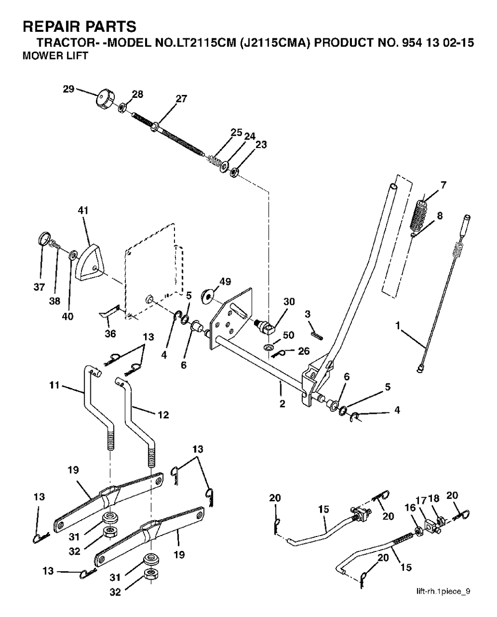 Mower Lift / Deck Lift Diagram and Parts List for LT2115CM (954130215)(2004-01) Jonsered Lawn Tractor