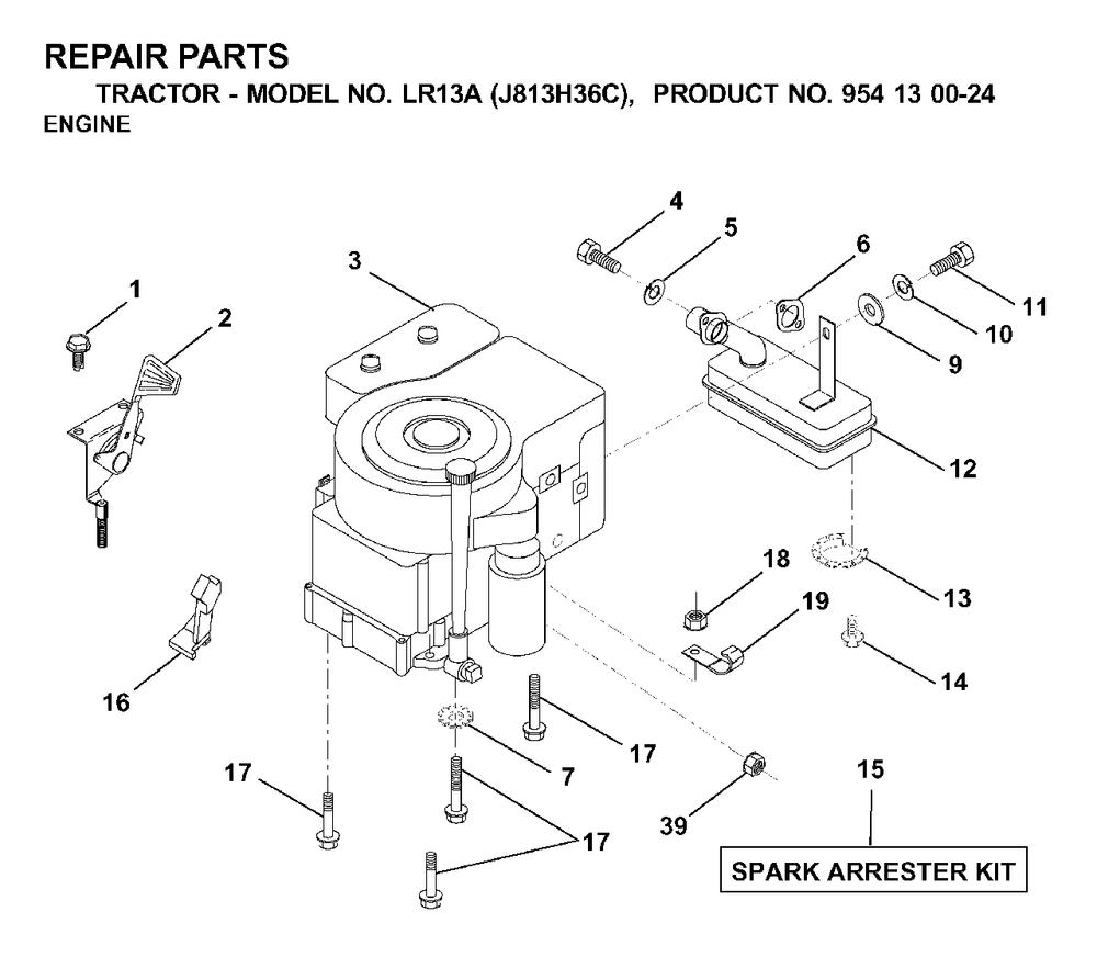 Engine Cutting Equipment Diagram and Parts List for LR13A (954130024)(2000-03) Jonsered Lawn Tractor