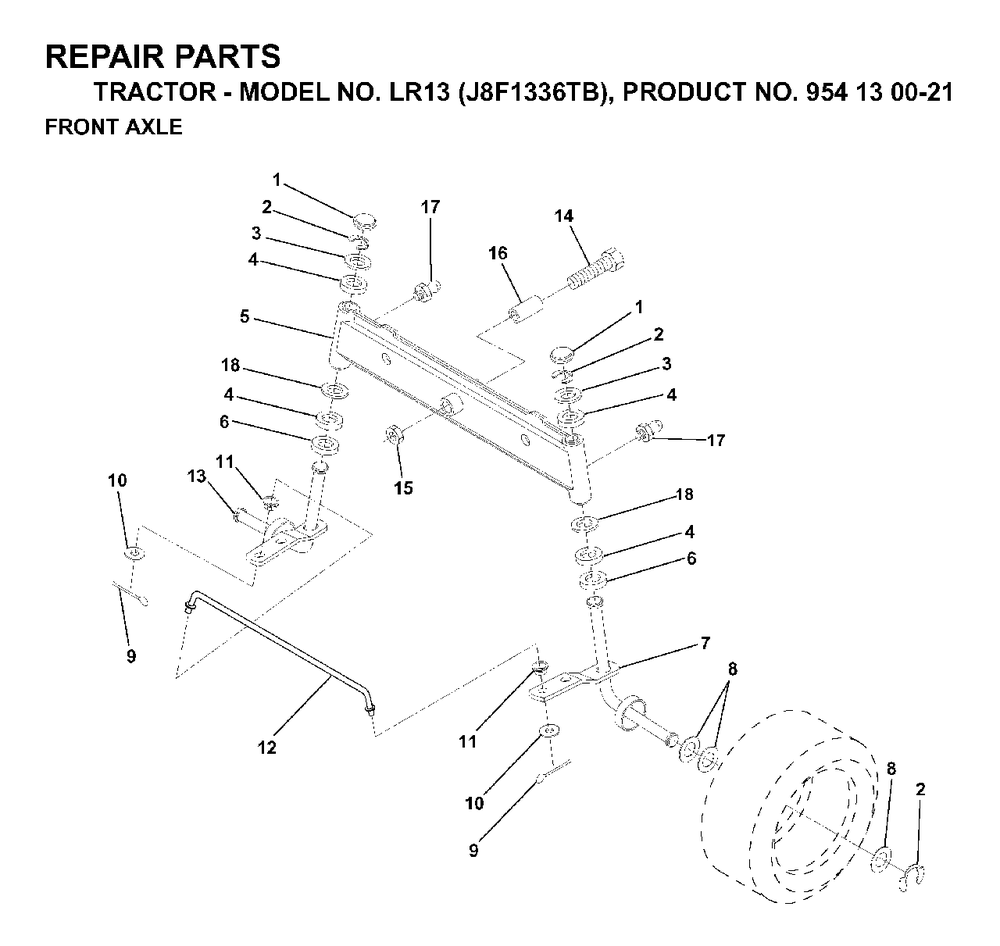 Front Axel Diagram and Parts List for LR13 (954130021)(1998-12) Jonsered Lawn Tractor