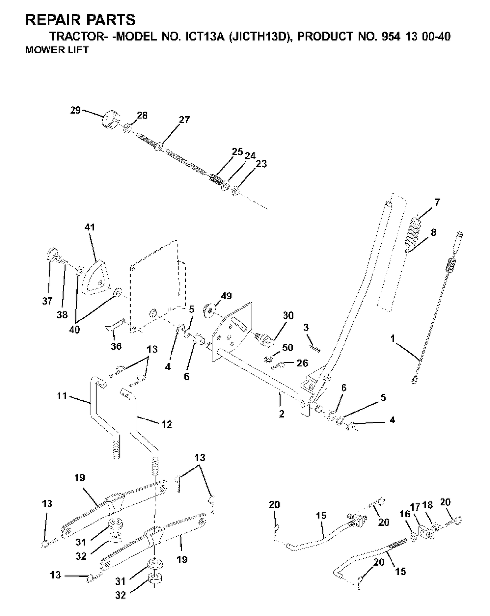 Mower Lift / Deck Lift Diagram and Parts List for ICT13A (954130040-D)(2001-02) Jonsered Lawn Tractor