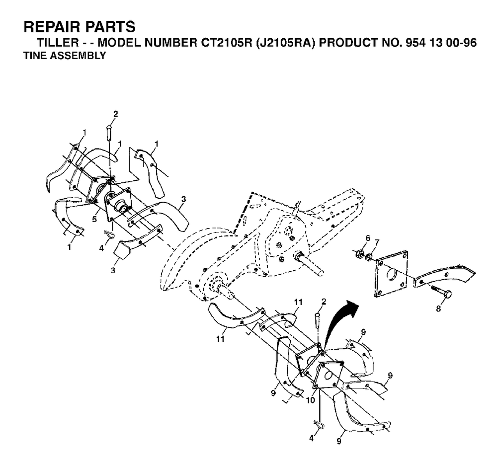 Tine Assembly Diagram and Parts List for CT2105R (954130096)(2003-01) Jonsered Tiller