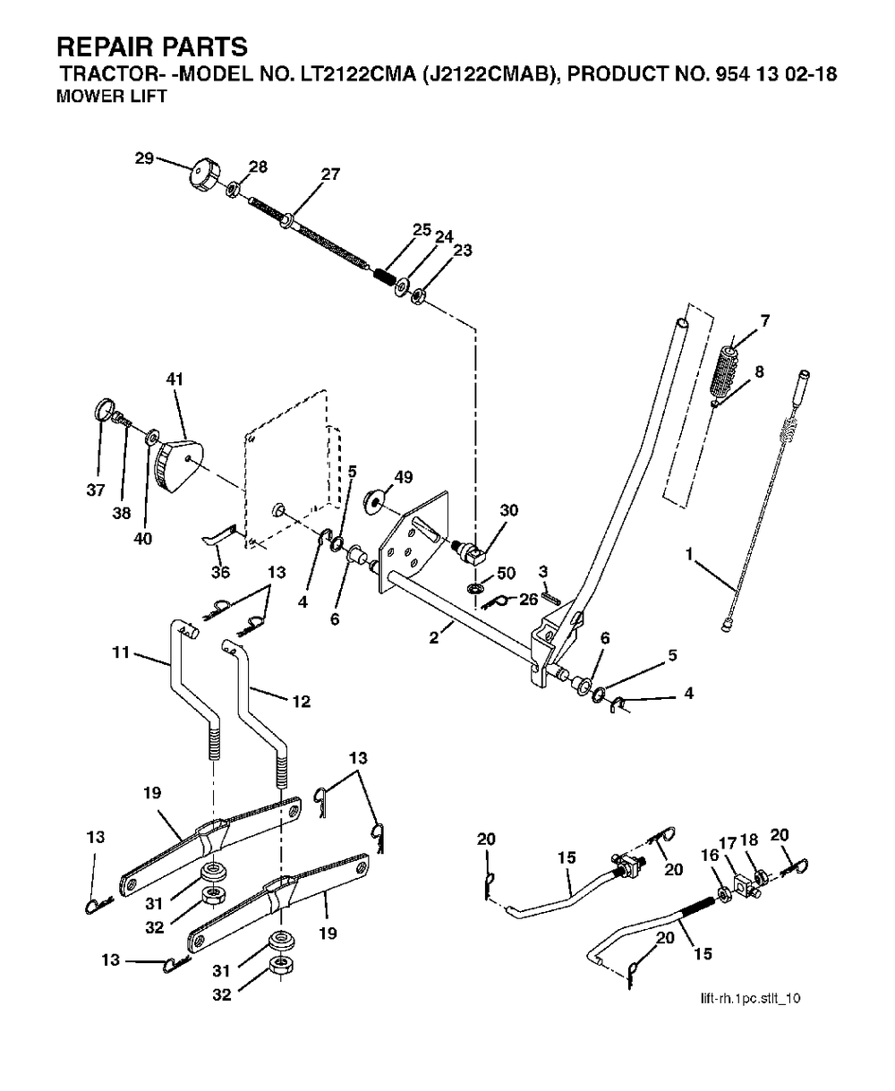 Mower Lift / Deck Lift Diagram and Parts List for LT2122CMA (954130218)(2004-06) Jonsered Lawn Tractor