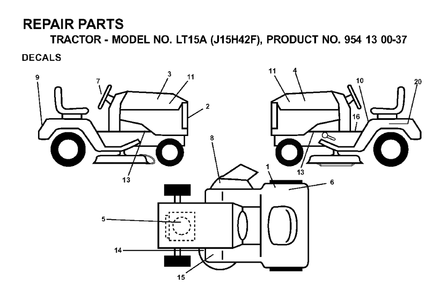 Decals Diagram and Parts List for LT15A (954130037-F)(2000-04) Jonsered Lawn Tractor