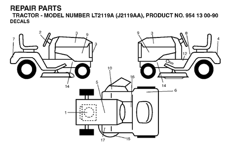 Decals Diagram and Parts List for LT2119A (954130090)(2003-01) Jonsered Lawn Tractor