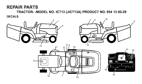 Decals Diagram and Parts List for ICT13 (954130029)(1999-03) Jonsered Lawn Tractor