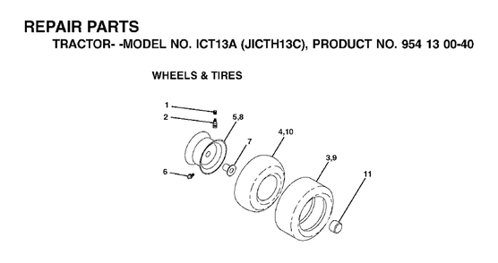 Wheels Tires Diagram and Parts List for ICT13A (954130040-C)(2001-02) Jonsered Lawn Tractor