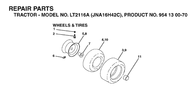 Wheels Tires Diagram and Parts List for LT2116A (954130070)(2003-05) Jonsered Lawn Tractor