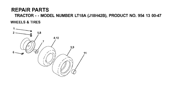 Wheels Tires Diagram and Parts List for LT18A (954130047-B)(2001-01) Jonsered Lawn Tractor