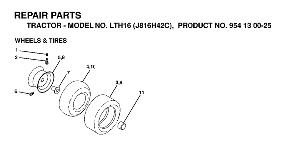 Wheels Tires Diagram and Parts List for LTH16 (954130025)(1998-12) Jonsered Lawn Tractor