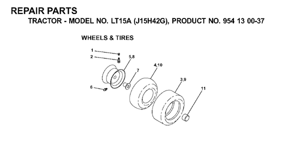 Wheels Tires Diagram and Parts List for LT15A (954130037-G)(2000-04) Jonsered Lawn Tractor