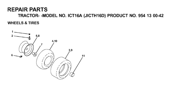 Wheels Tires Diagram and Parts List for ICT16A (954130042-D)(2000-04) Jonsered Lawn Tractor