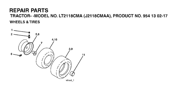 Wheels Tires Diagram and Parts List for LT2118CMA (954130217)(2004-01) Jonsered Lawn Tractor