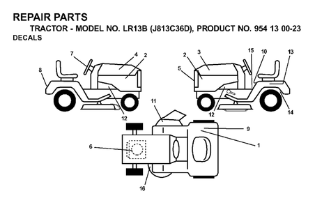 Decals Diagram and Parts List for LR13B (954130023)(2000-04) Jonsered Lawn Tractor