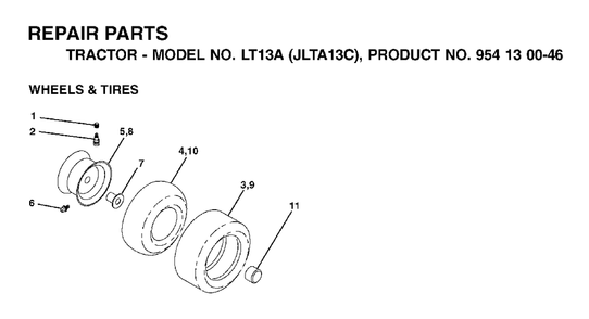 Wheels Tires Diagram and Parts List for LT13A (954130046)(2001-09) Jonsered Lawn Tractor
