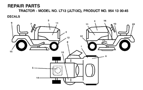 Decals Diagram and Parts List for LT13 (954130045)(2001-09) Jonsered Lawn Tractor