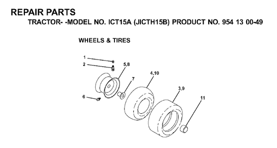 Wheels Tires Diagram and Parts List for ICT15A (954130049-B)(2001-02) Jonsered Lawn Tractor