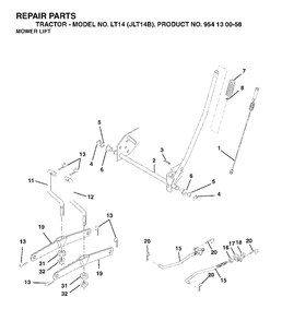 Mower Lift / Deck Lift Diagram and Parts List for LT14 (954130058)(2003-01) Jonsered Lawn Tractor