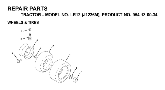 Wheels Tires Diagram and Parts List for LR12 (954130034)(2000-04) Jonsered Lawn Tractor