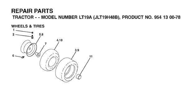 Wheels Tires Diagram and Parts List for LT19A (954130078)(2002-03) Jonsered Lawn Tractor