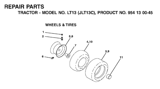 Wheels Tires Diagram and Parts List for LT13 (954130045)(2001-09) Jonsered Lawn Tractor