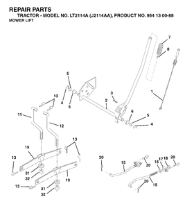 Mower Lift / Deck Lift Diagram and Parts List for LT2114A (954130088)(2003-01) Jonsered Lawn Tractor