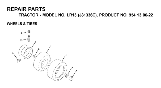 Wheels Tires Diagram and Parts List for LR13 (954130022)(2000-03) Jonsered Lawn Tractor
