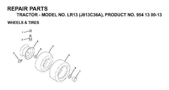 Wheels Tires Diagram and Parts List for LR13 (954130013)(1998-01) Jonsered Lawn Tractor