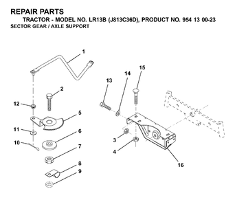 Sector Gear / Axle Support Diagram and Parts List for LR13B (954130023)(2000-04) Jonsered Lawn Tractor
