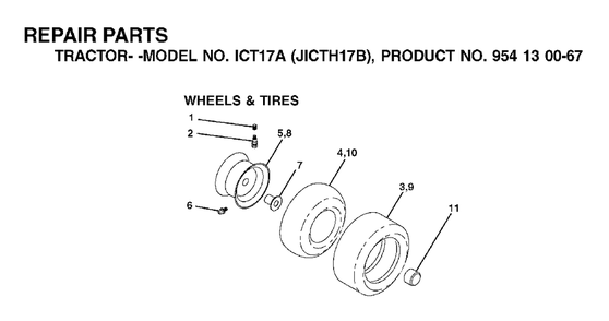 Wheels Tires Diagram and Parts List for ICT17A (954130067)(2002-06) Jonsered Lawn Tractor