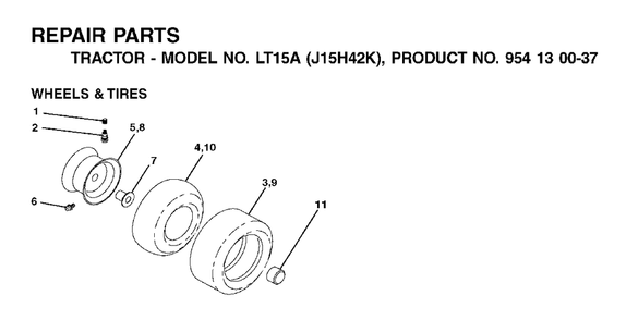 Wheels Tires Diagram and Parts List for LT15A (954130037-K)(2001-09) Jonsered Lawn Tractor