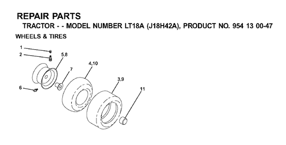 Wheels Tires Diagram and Parts List for LT18A (954130047-A)(2001-01) Jonsered Lawn Tractor