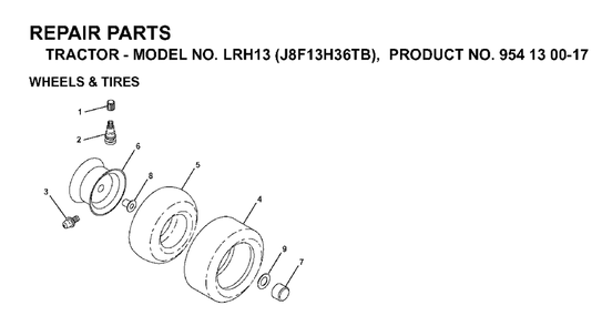 Wheels Tires Diagram and Parts List for LRH13 (954130017)(1998-12) Jonsered Lawn Tractor