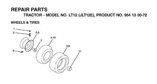 Wheels Tires Diagram and Parts List for LT12 (954130072)(2002-06) Jonsered Lawn Tractor